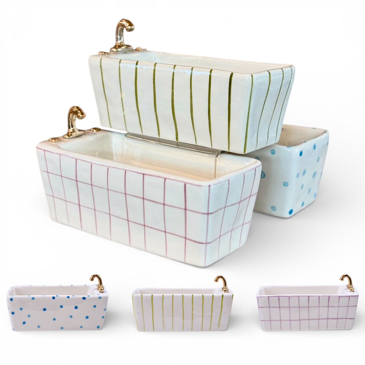 hand painted stoneware bathtub trinket dish with gold faucet detail