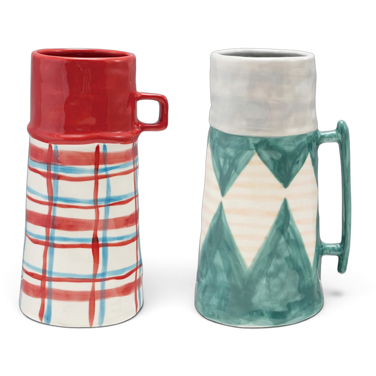Two thermos-shaped ceramic vases, one with red and blue plaid and a red top, the other with a green geometric pattern and cream top