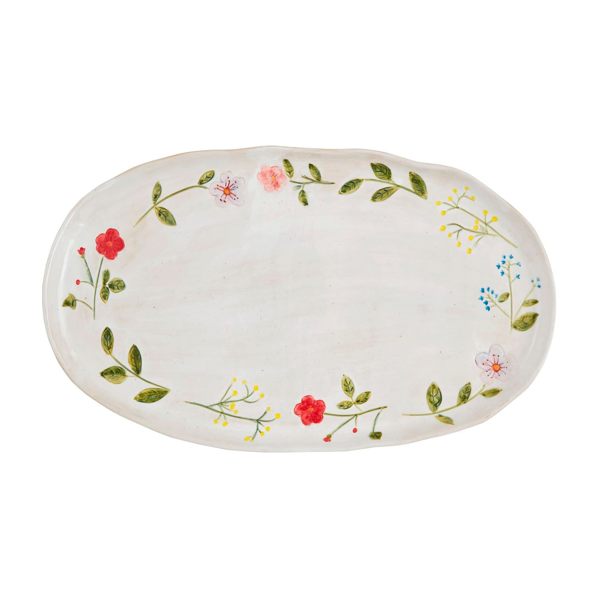 Oval stoneware platter with hand-painted floral design