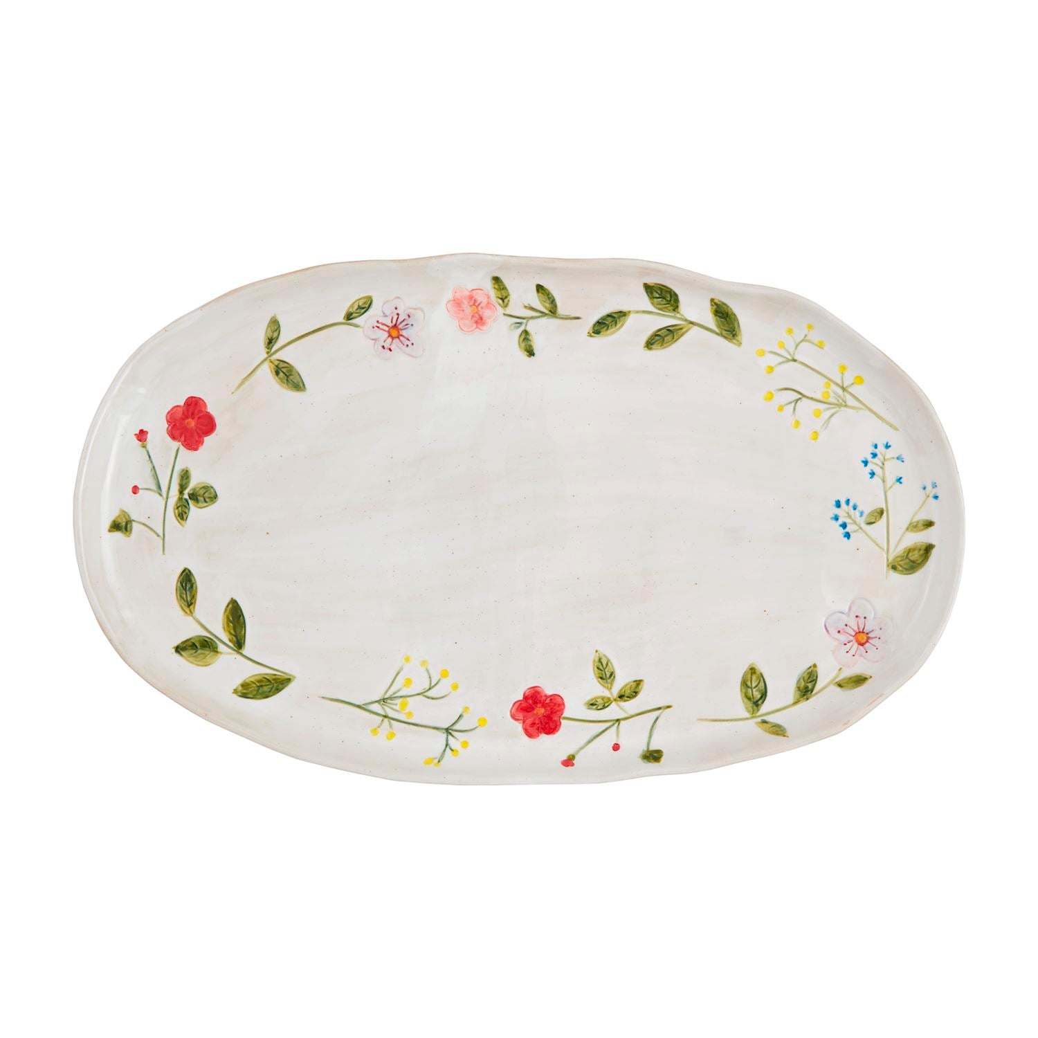 Oval stoneware platter with hand-painted floral design