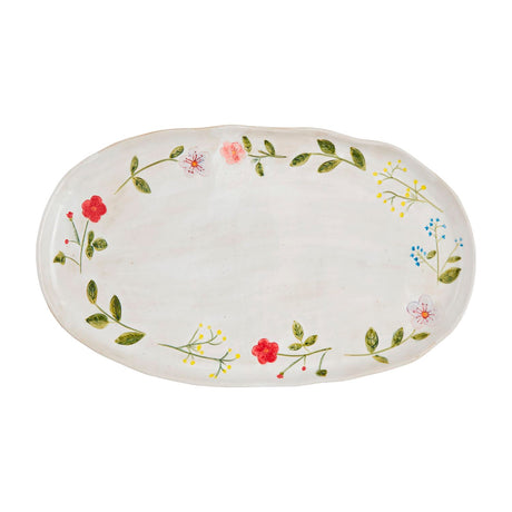Oval stoneware platter with hand-painted floral design