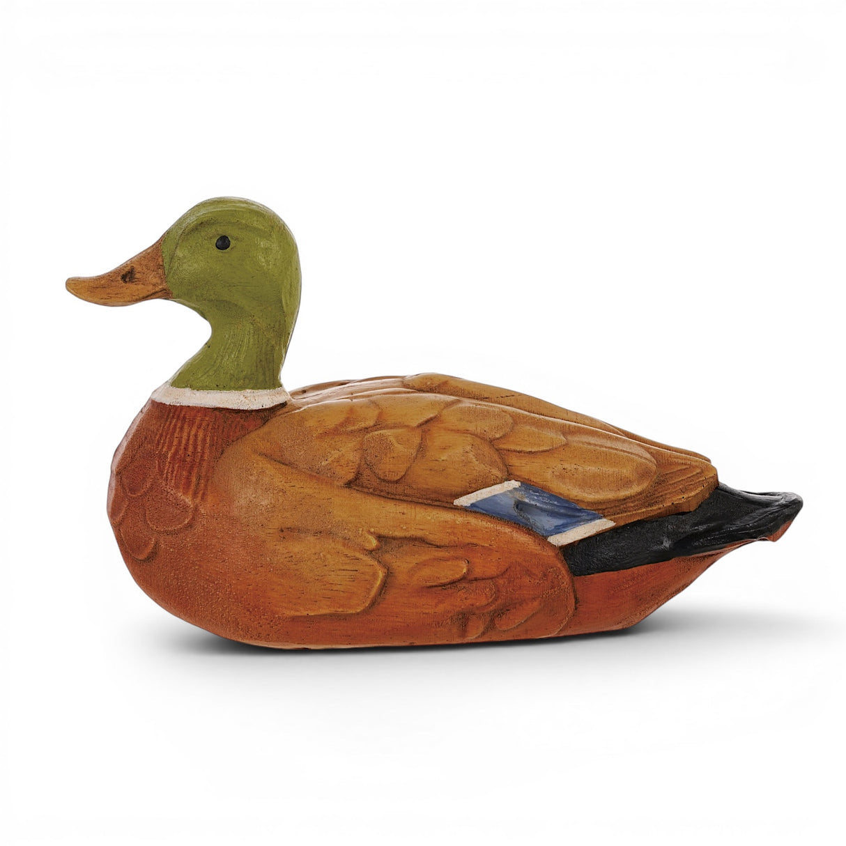 Hand-painted resin mallard duck figurine with green head and natural brown feather details