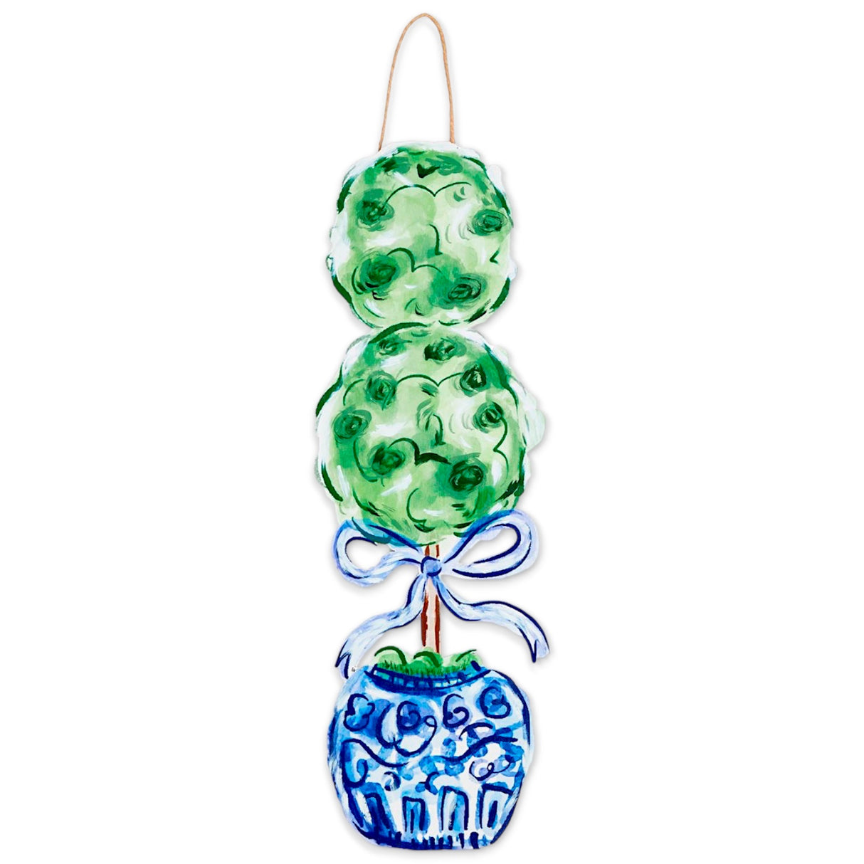 32 inch hand painted wooden topiary door hanger with blue and white planter design