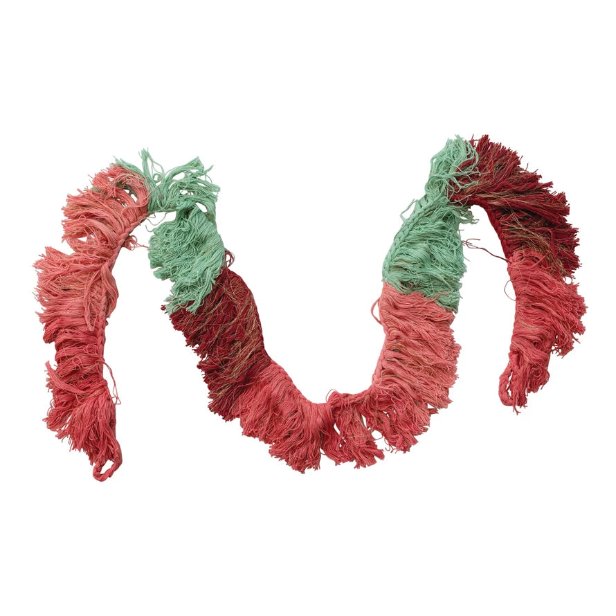 Hand-woven cotton fringe garland 72 inches long in pink, red, and mint with metallic gold thread