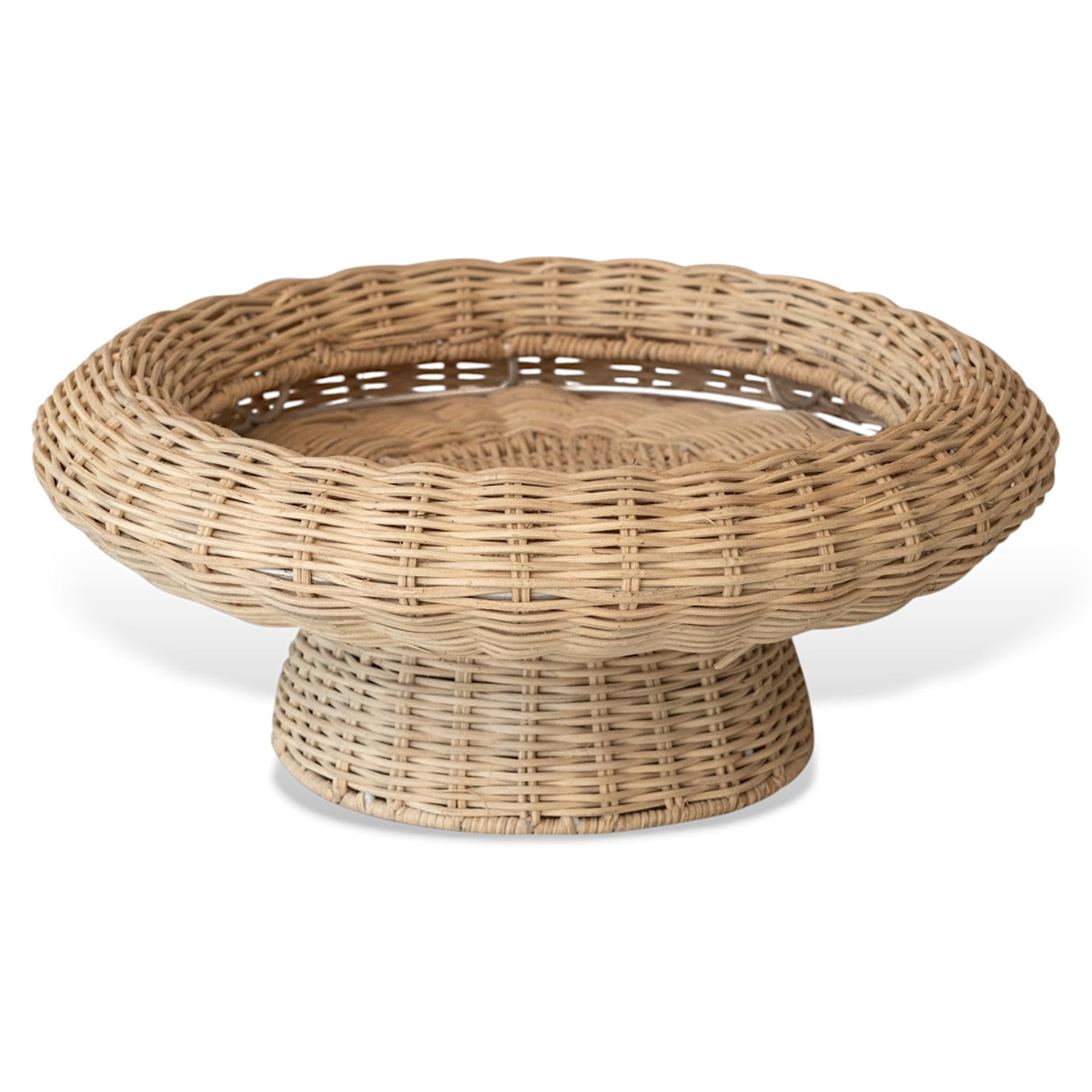 14" hand-woven rattan pedestal bowl with natural finish, featuring an elevated woven design