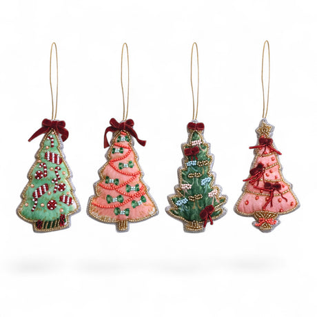 beaded fabric Christmas tree ornaments with velvet bows
