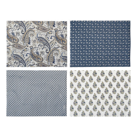 handmade block printed recycled wrapping paper sheets in blue