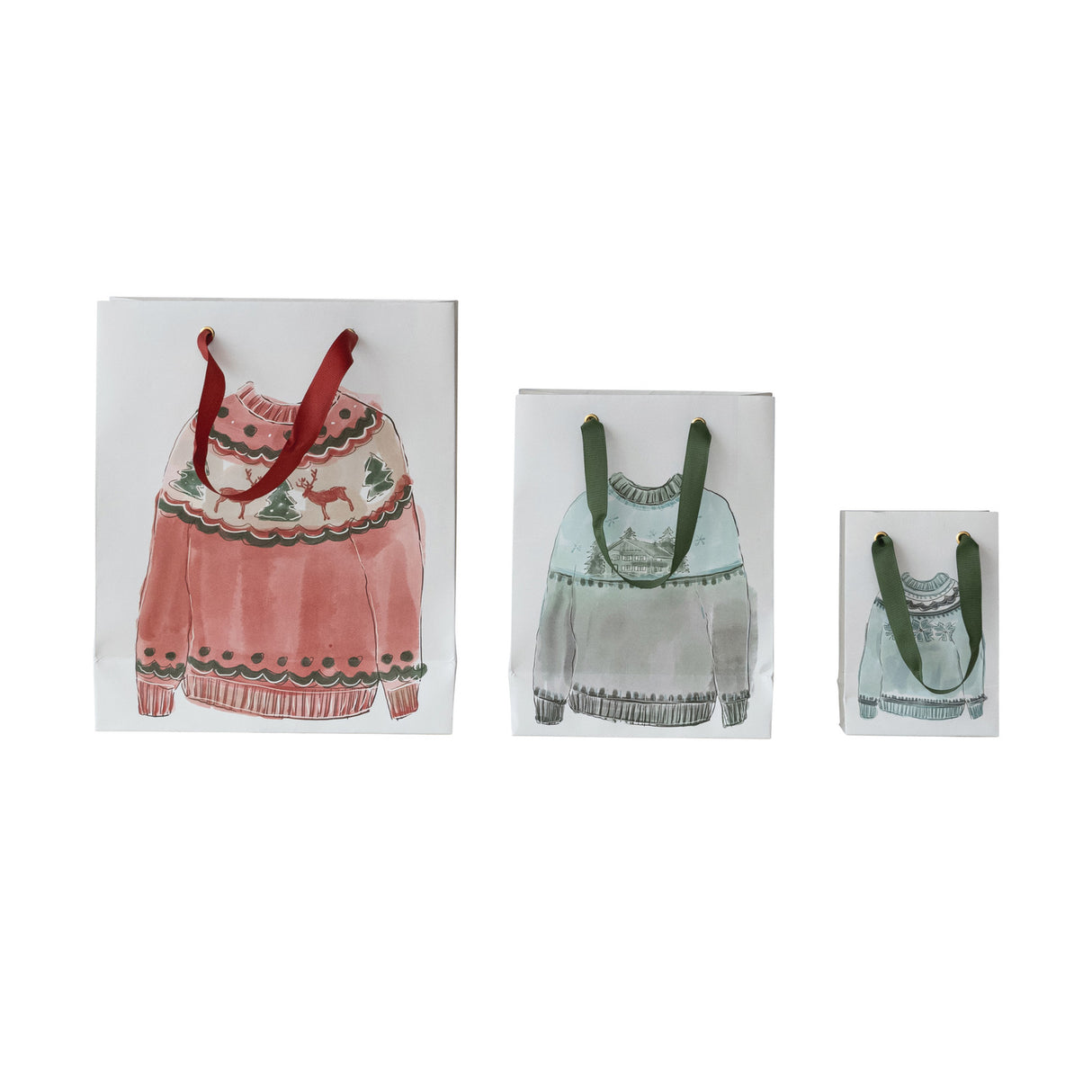 Handmade recycled paper holiday gift bags with festive sweater prints