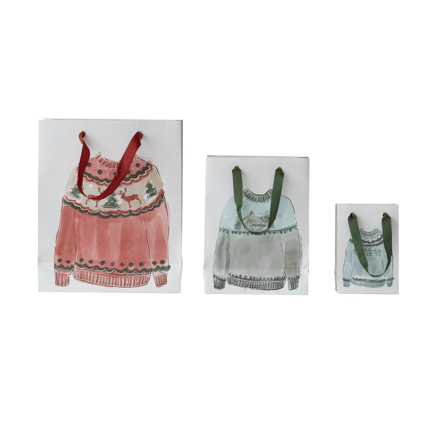 Handmade recycled paper holiday gift bags with festive sweater prints