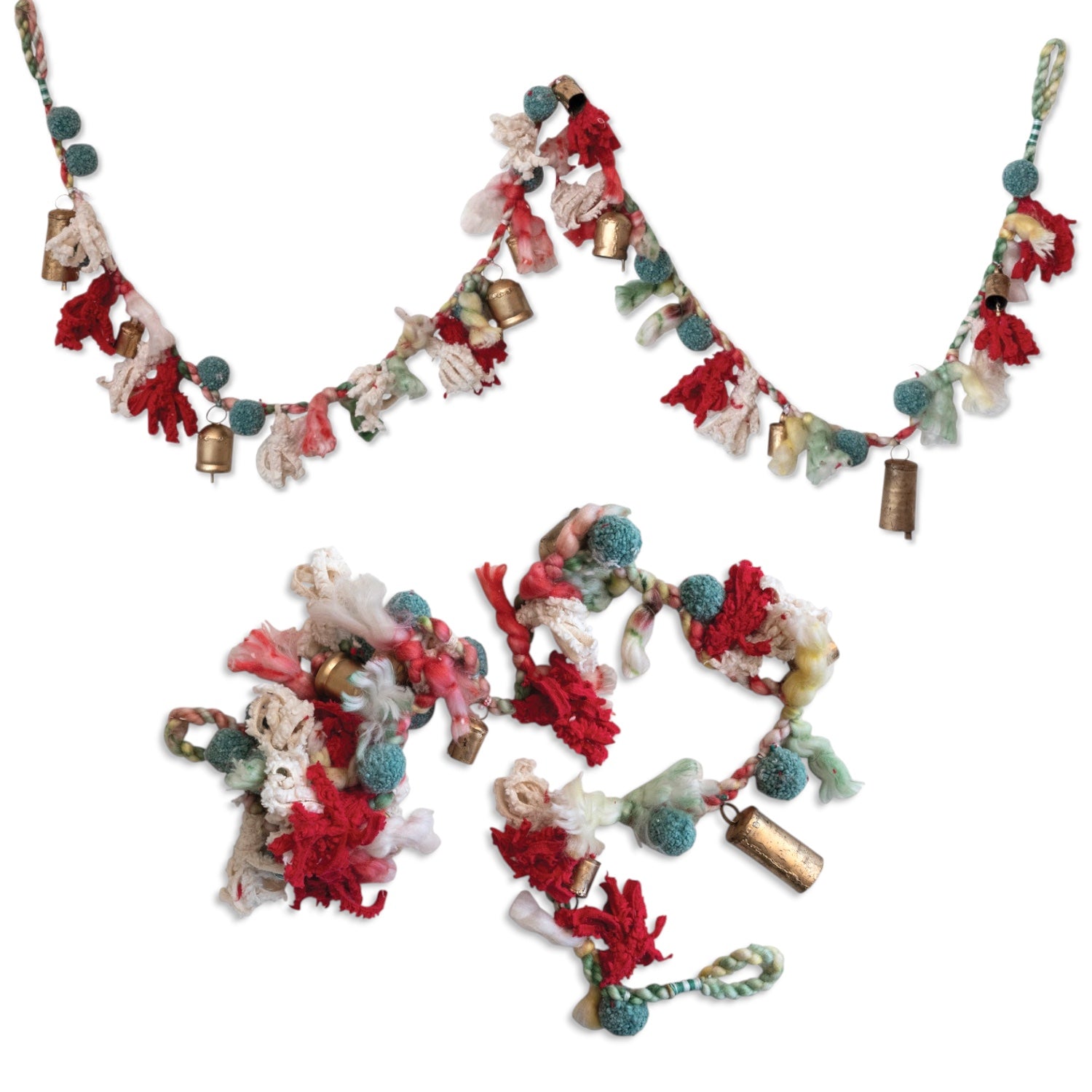 Handmade wool and cotton garland with pom poms and antique gold bells, 72 inches long