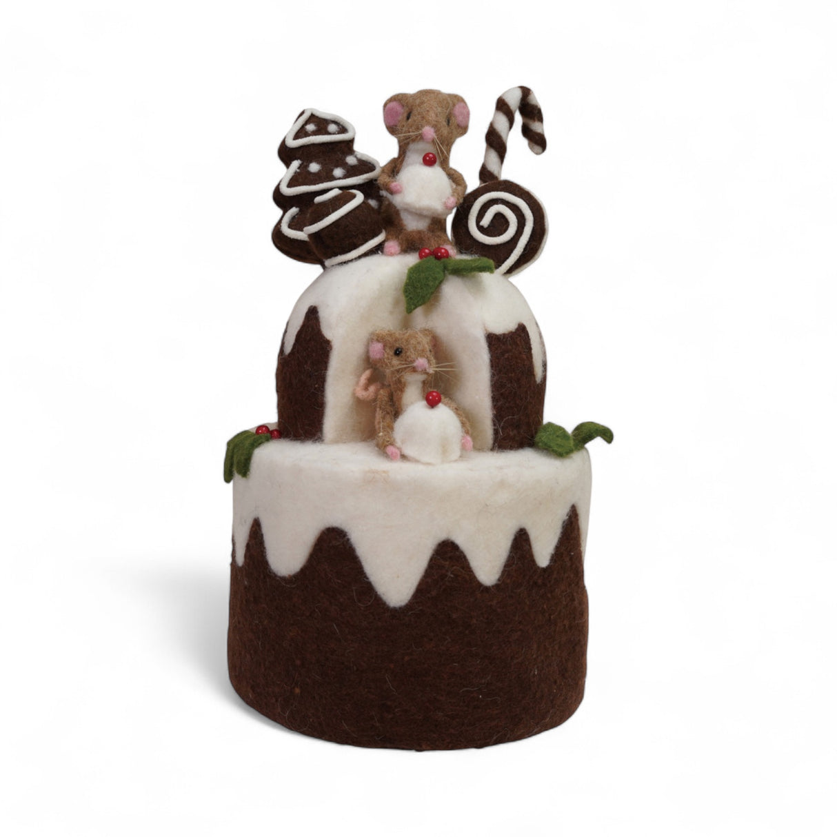 Handmade wool felt 2-tier cake with mice, gingerbread, and candy accents 14.25 inches tall