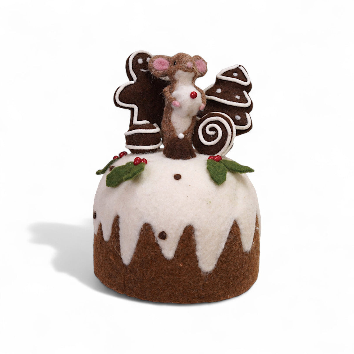 Handmade wool felt cake with mouse and gingerbread cookie accents
