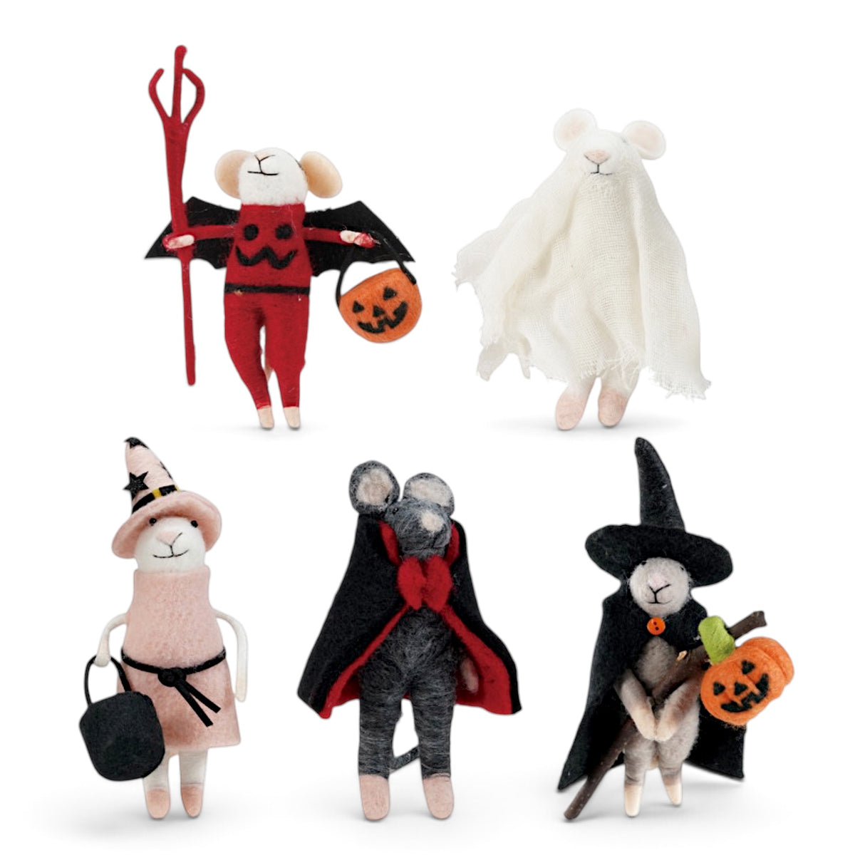 Handmade wool felt Halloween mice in devil, ghost, witch, and vampire costumes