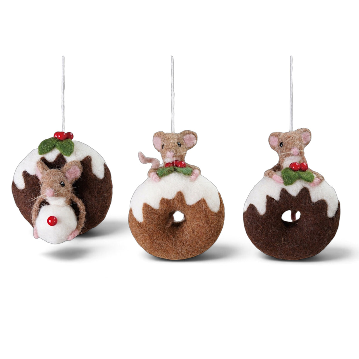 Three wool felt mouse ornaments with brown doughnuts, white frosting, green holly leaves, and red berries in assorted poses