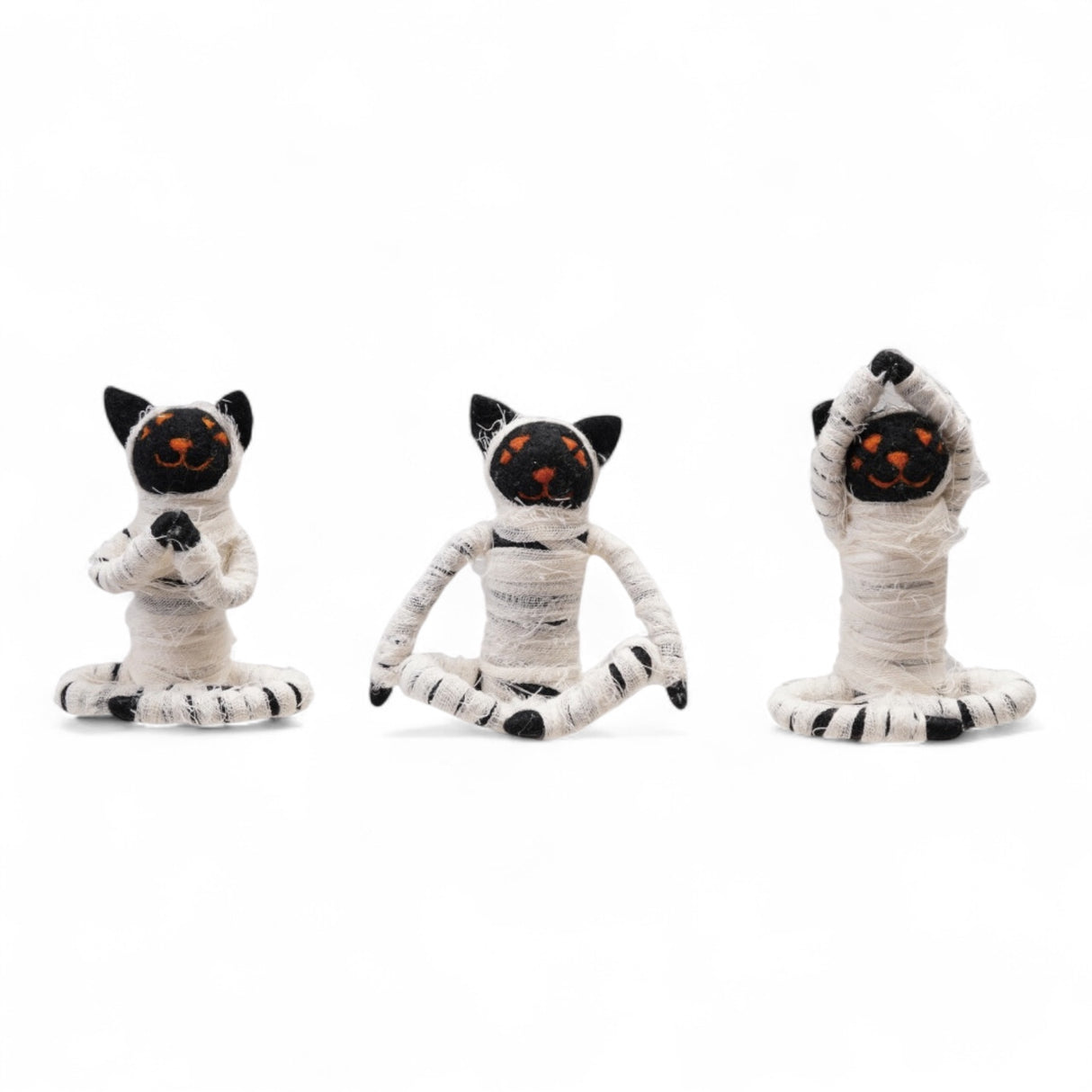 Handmade fabric and wool felt yoga cat in mummy costume