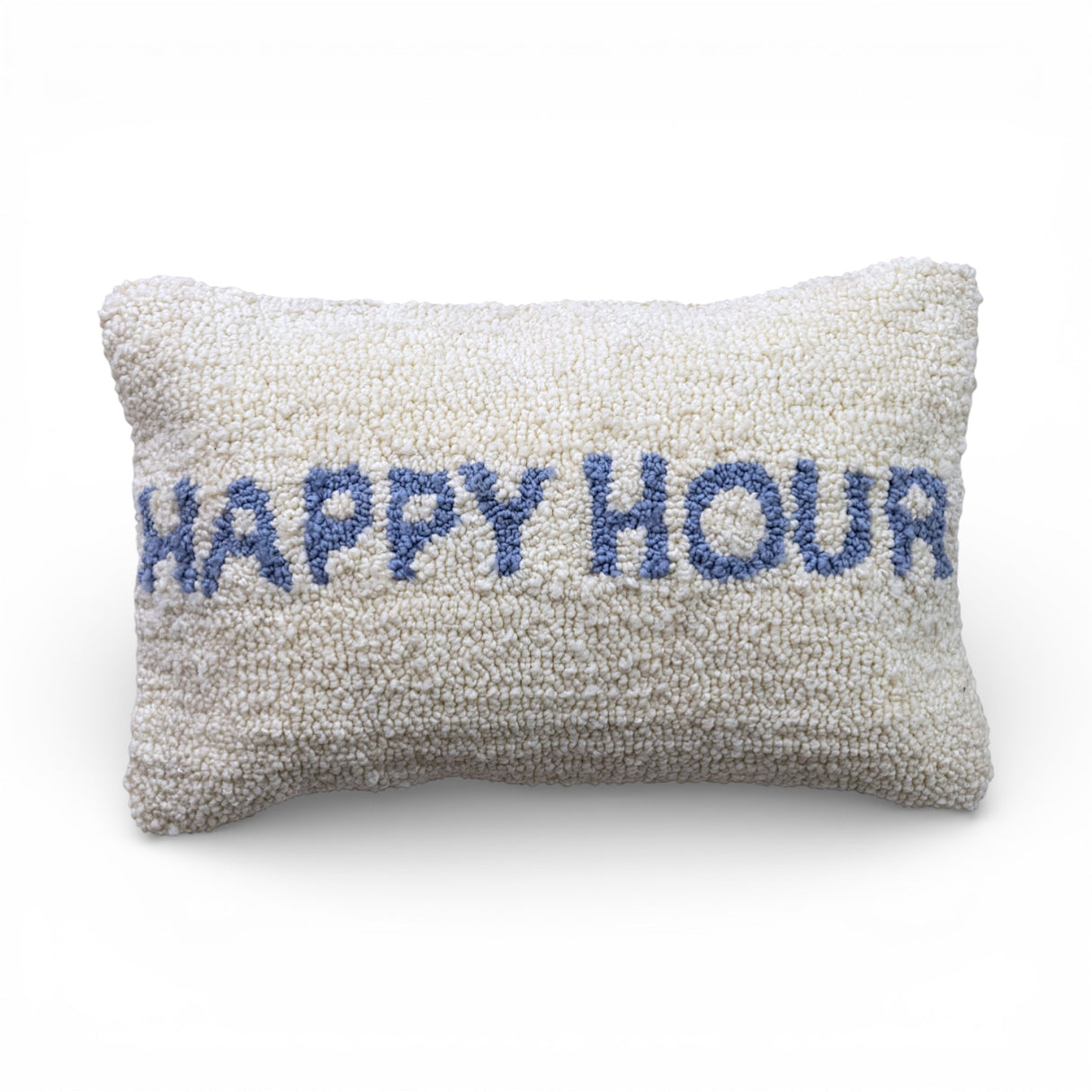 14x9 natural tufted lumbar pillow with blue Happy Hour lettering