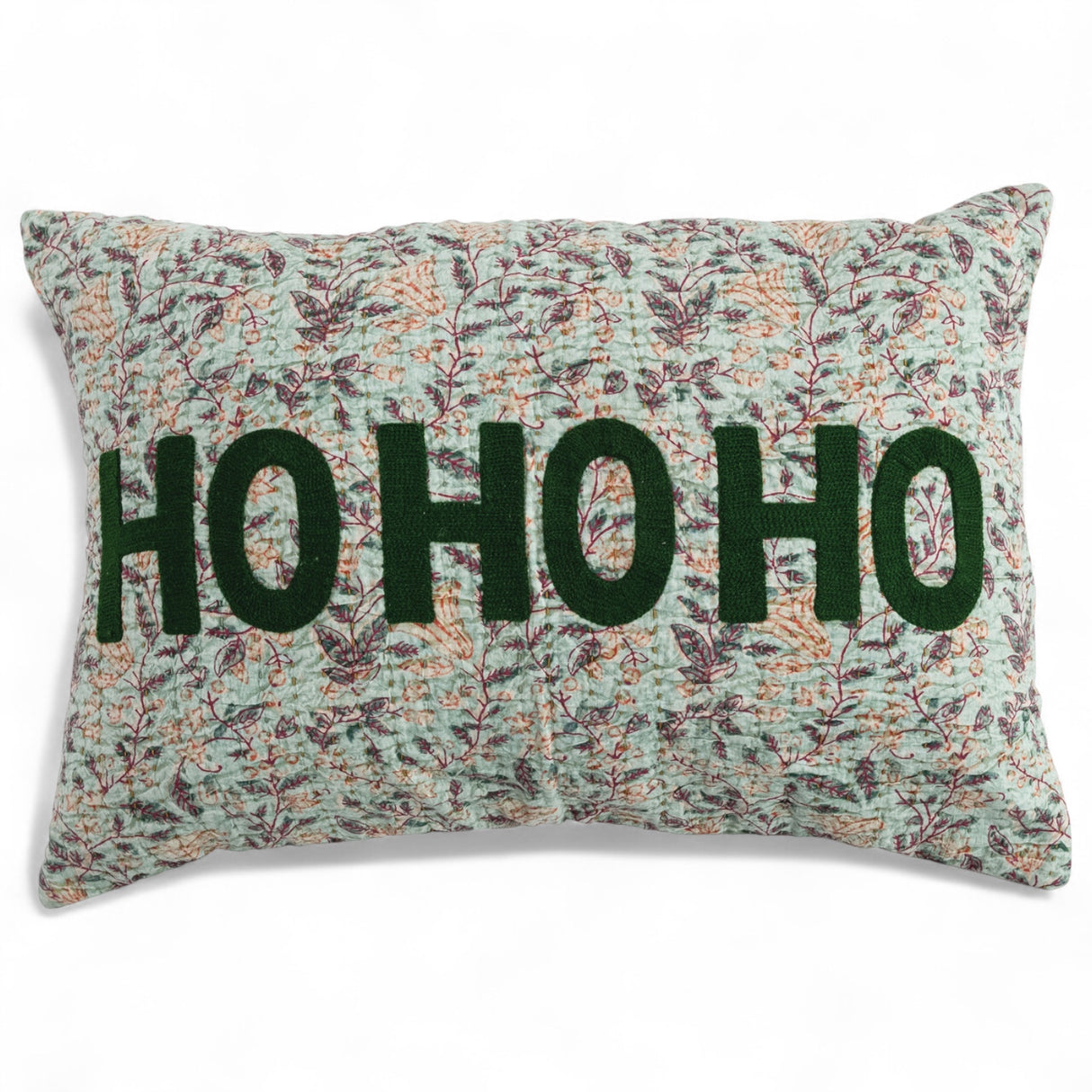 Rectangular Ho Ho Ho voile pillow with Suzani pattern, hand-embroidered details