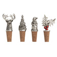Holiday cast aluminum wine bottle stoppers with festive reindeer, tree, Santa, and holly designs