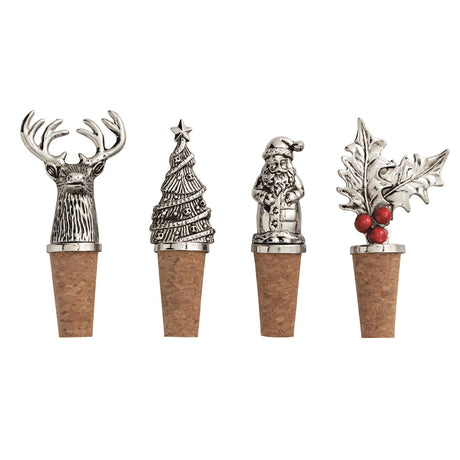 Holiday cast aluminum wine bottle stoppers with festive reindeer, tree, Santa, and holly designs