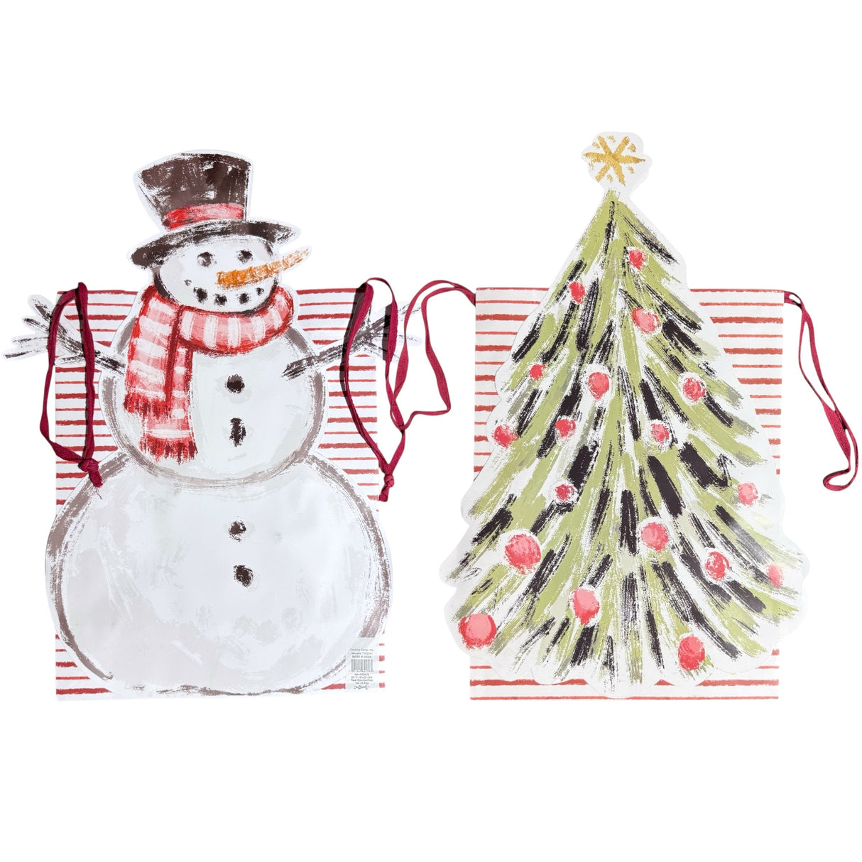 die-cut holiday gift bags featuring a snowman and a Christmas tree with twill handles