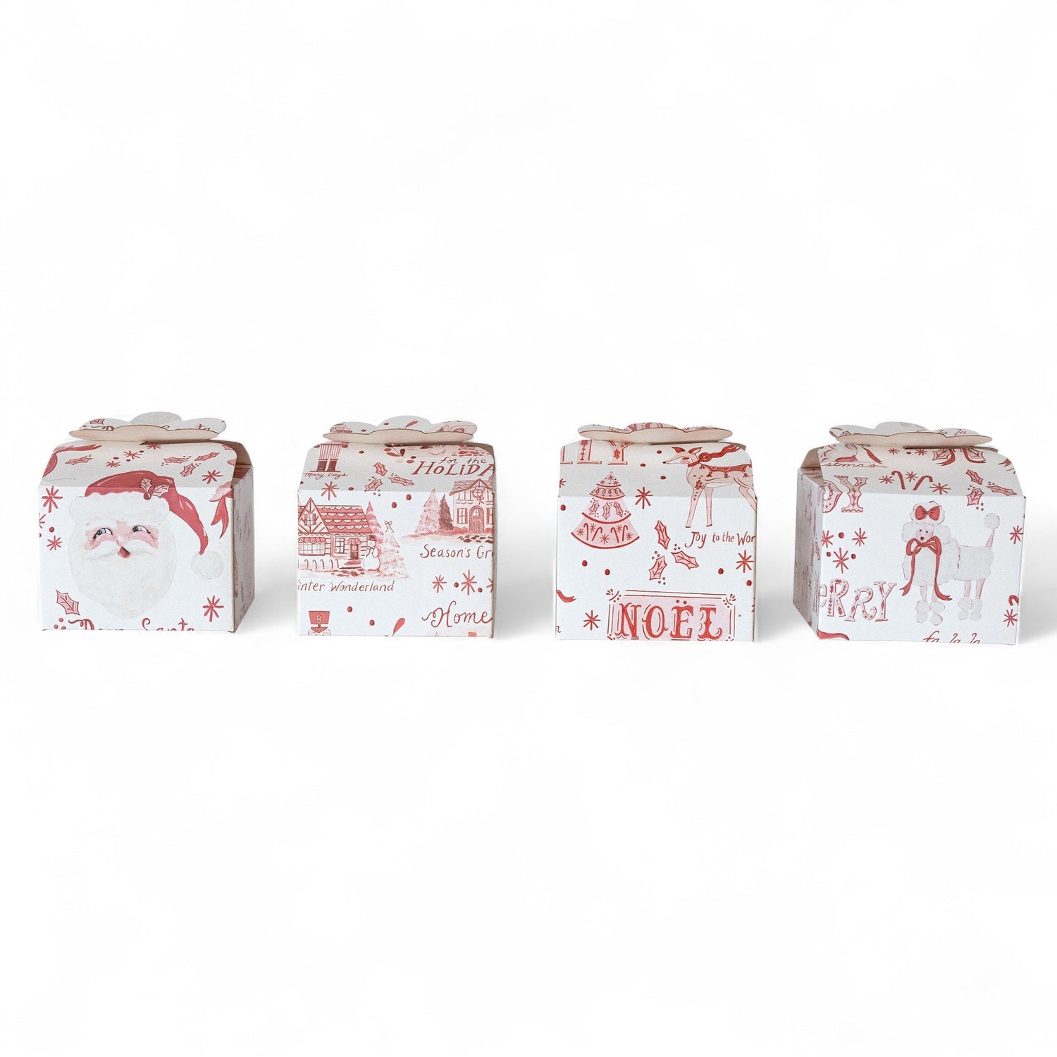 Assorted 4-inch printed holiday interlocking gift boxes with festive seasonal patterns