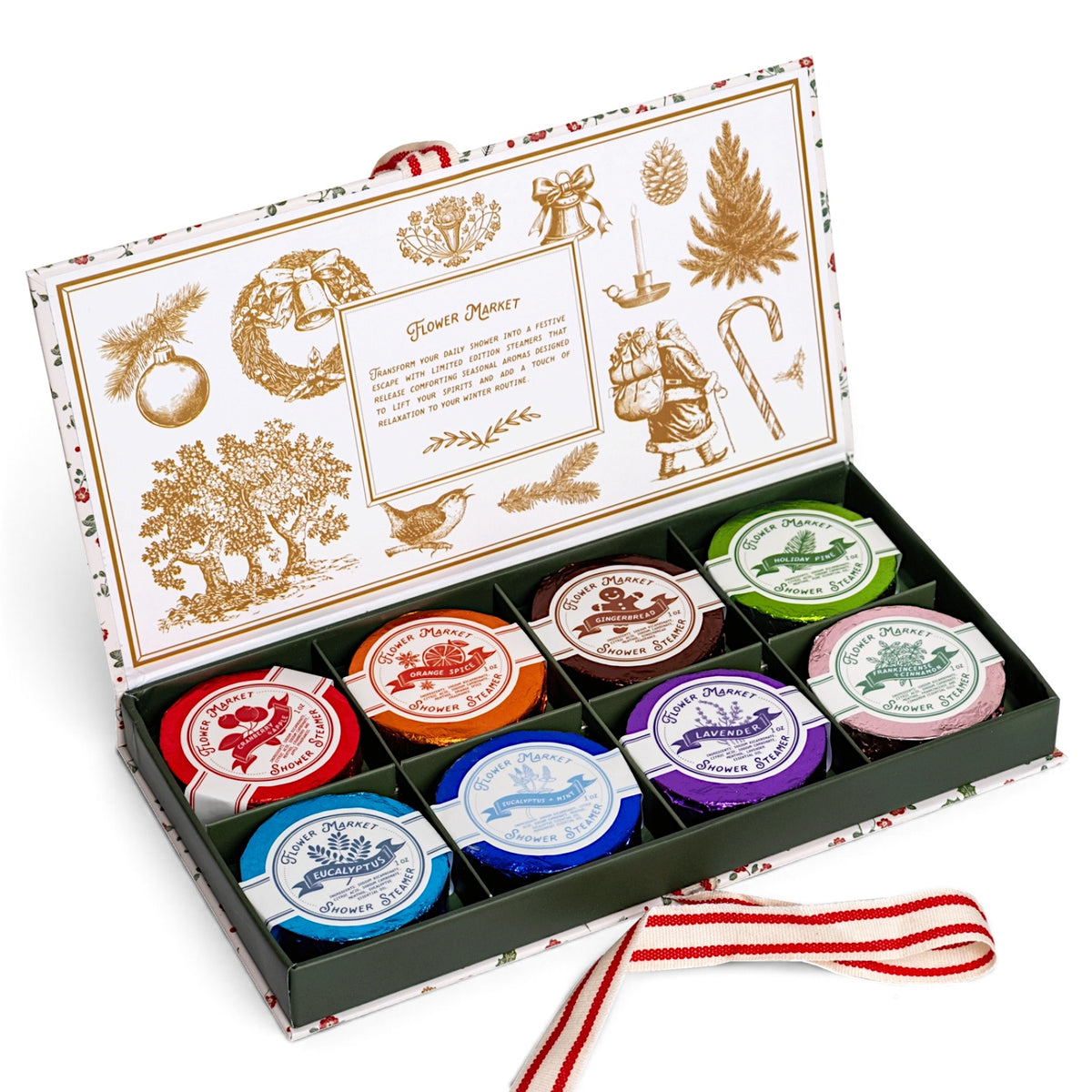 Open Holiday Shower Steamers gift box with eight colorful individually wrapped steamers, gold holiday illustrations, and a red-and-white ribbon
