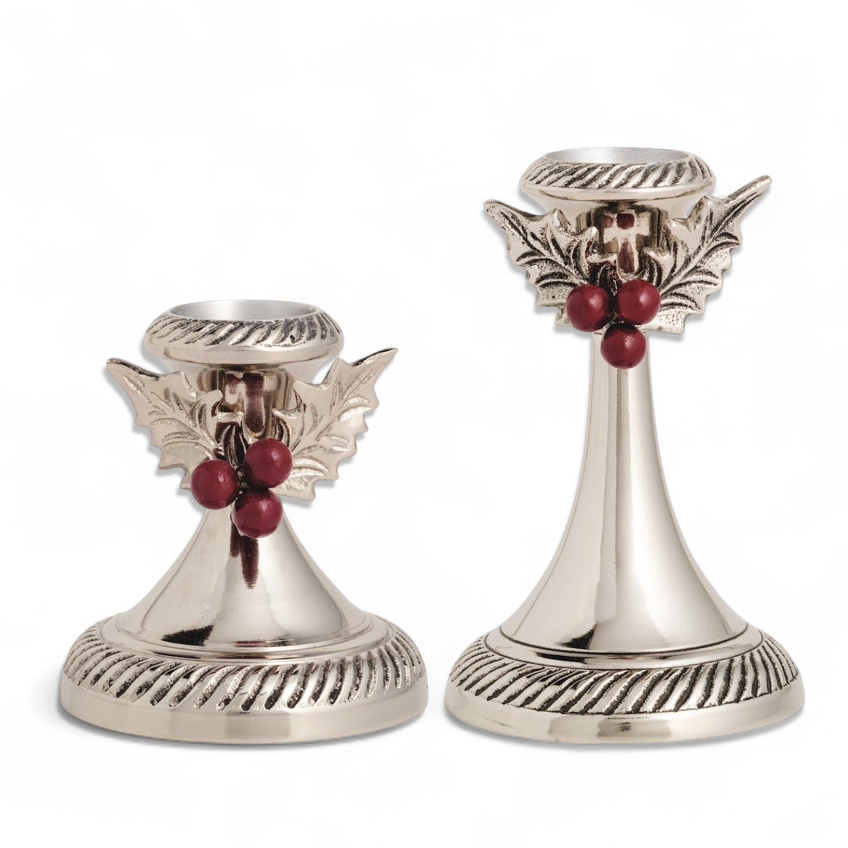 aluminum metal holly candlesticks with leaf and berry detail in two sizes
