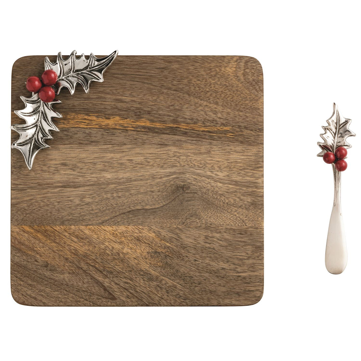 Mango wood holly cheese board with cast aluminum holly detail and coordinating spreader, 2-piece holiday set