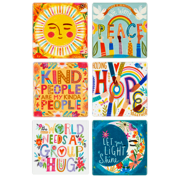 Colorful ceramic fridge magnets with uplifting messages and whimsical illustrations