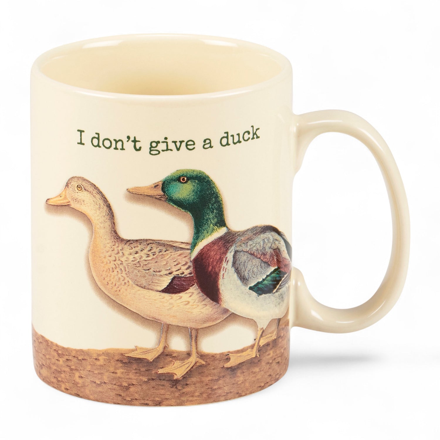 White 20 oz mug with vintage duck artwork and the phrase "I Don’t Give a Duck" printed on both sides