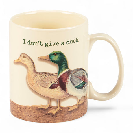 White 20 oz mug with vintage duck artwork and the phrase "I Don’t Give a Duck" printed on both sides