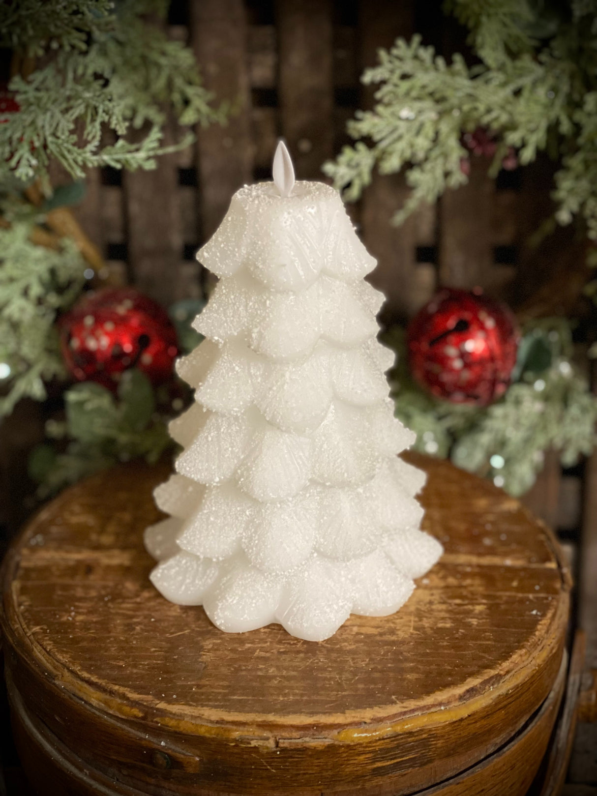 White Glitter Christmas Tree LED Moving Flame Candle