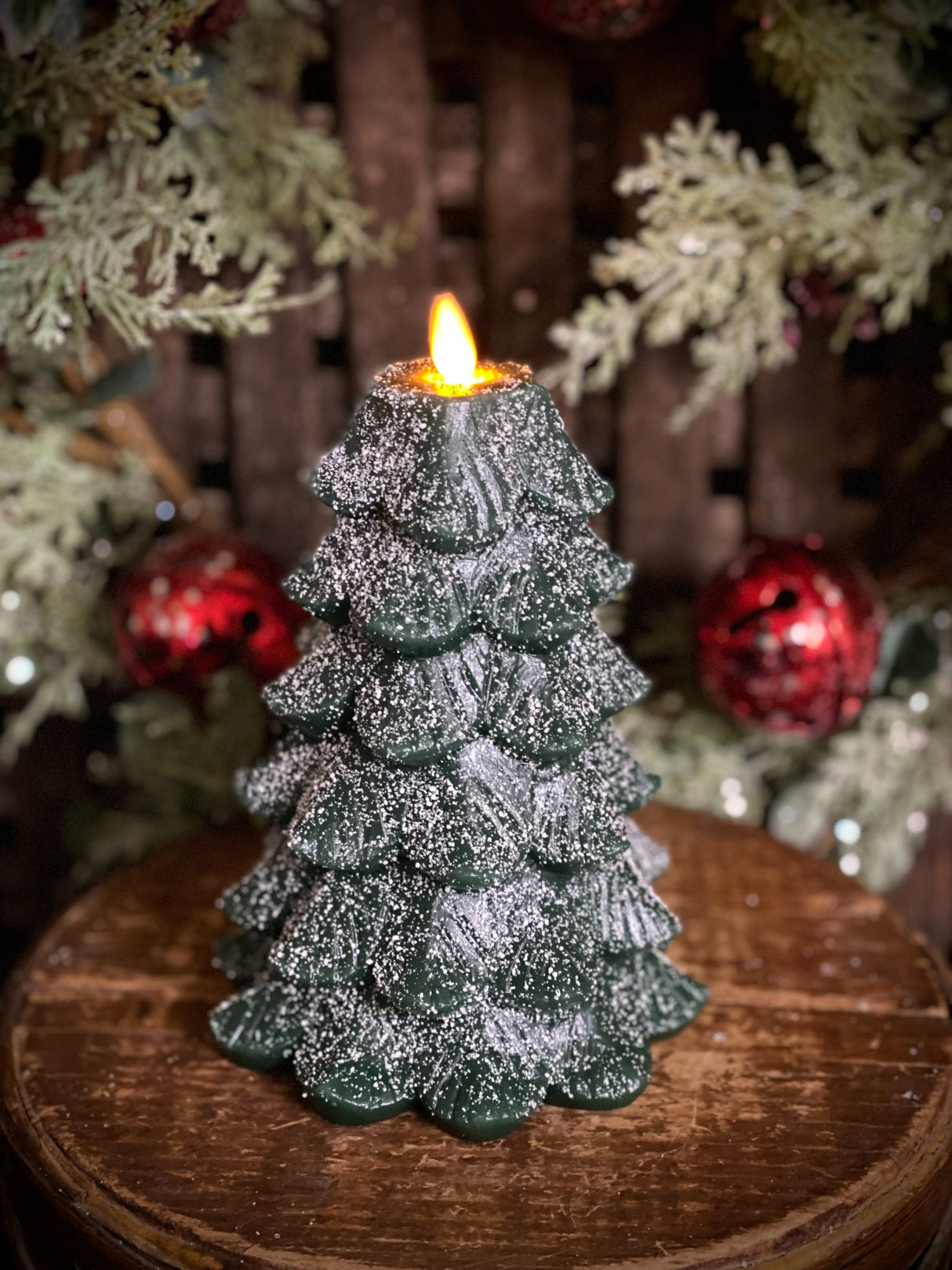 Green Glitter Christmas Tree LED Moving Flame Candle