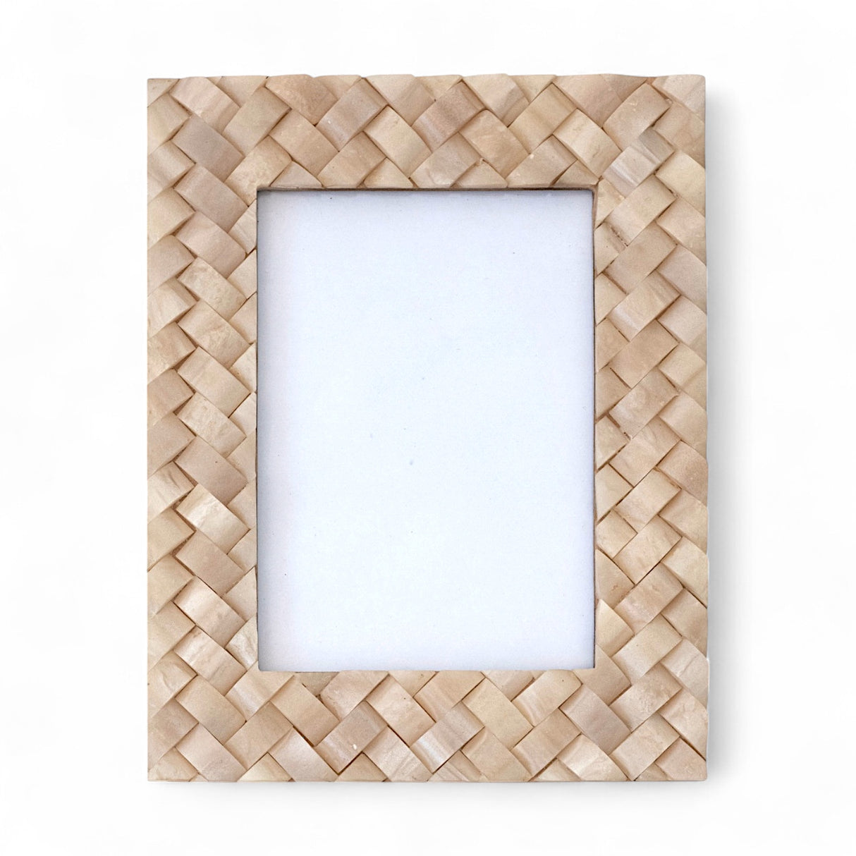 Ivory woven resin photo frame with coastal-inspired design, holding a 5" x 7" photograph.
