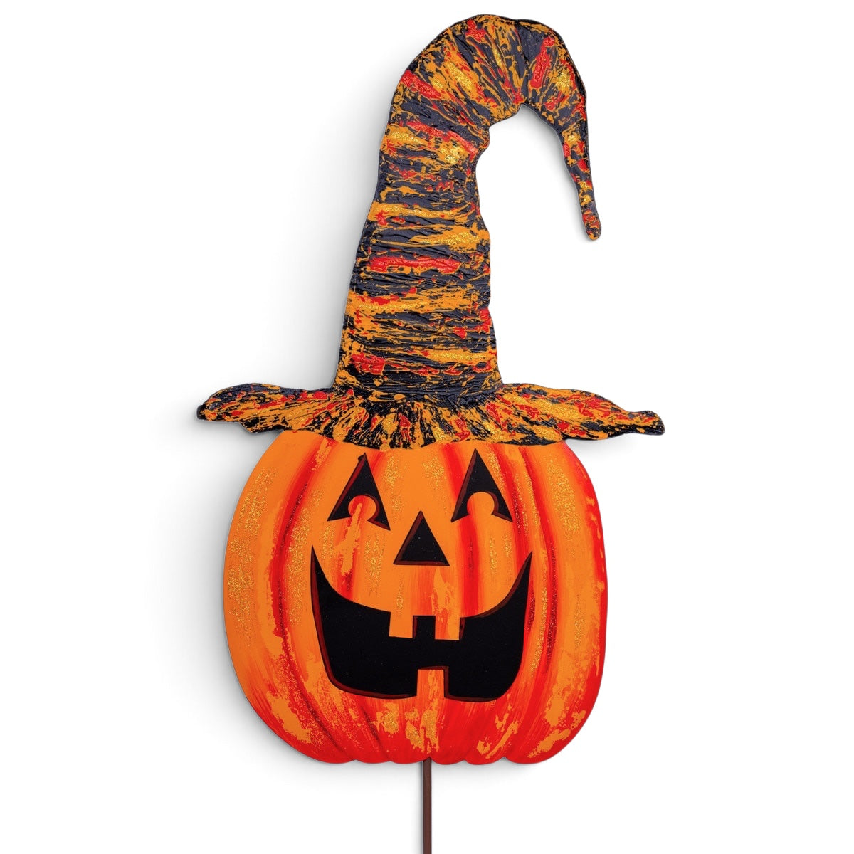 Orange jack-o-lantern Halloween decoration with tall black raggedy witch hat and stake, hang, or easel display options