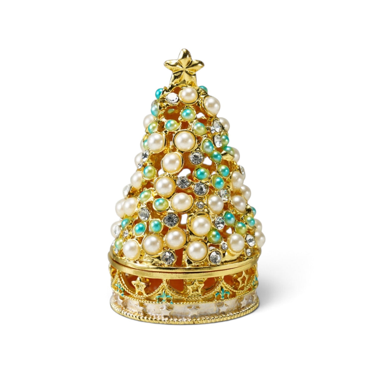 Gold-finish Christmas tree trinket box decorated with cream faux pearls, colorful jewels, and a gold star topper.