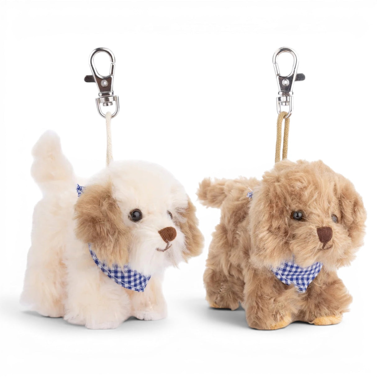 Bukowski Bears Kharma and Buddylina plush dog bag charms with blue gingham bandanas and clip attachment