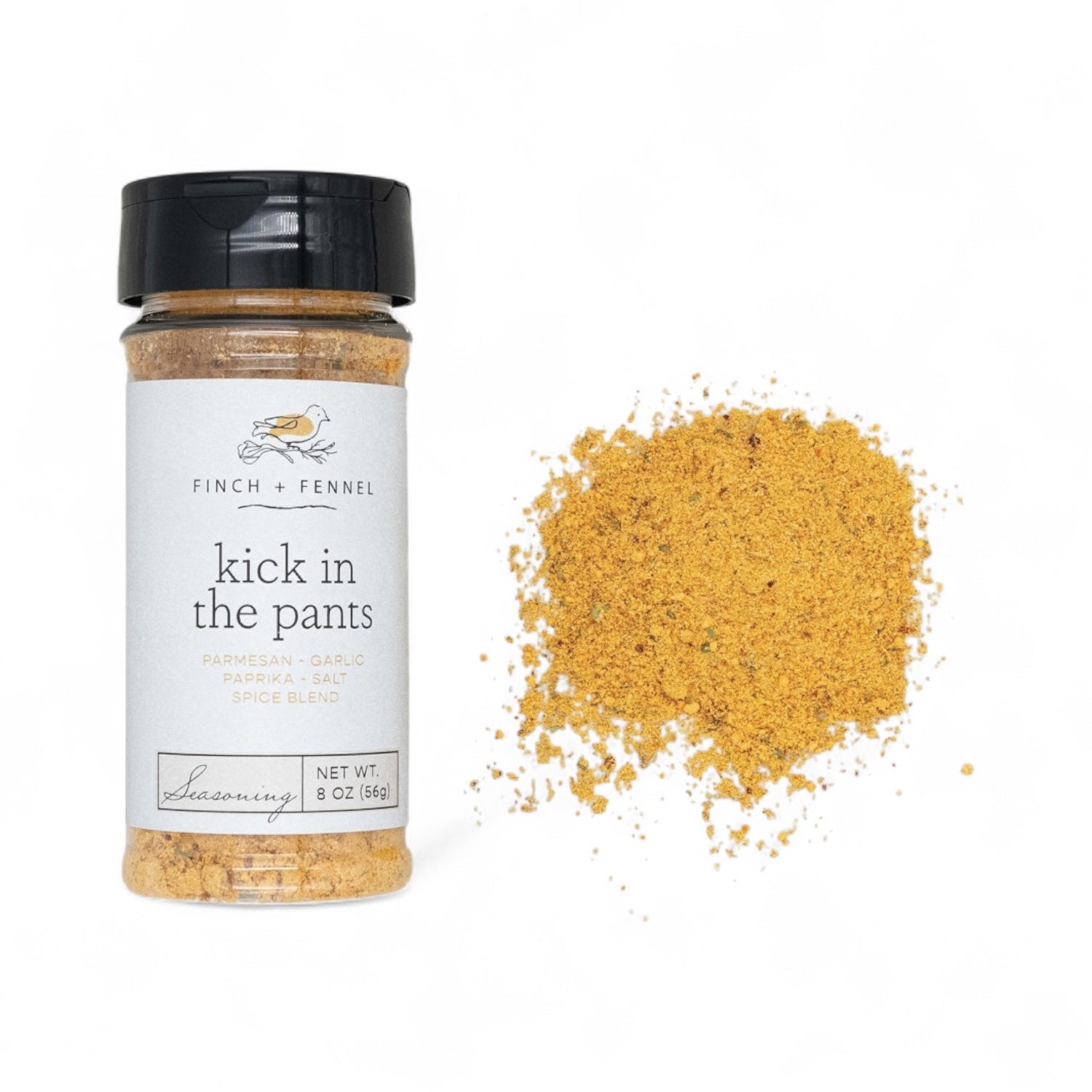 Jar of Kick in the Pants seasoning blend, 4.3 oz, bold spices with chiles, peppercorns, herbs, and parmesan
