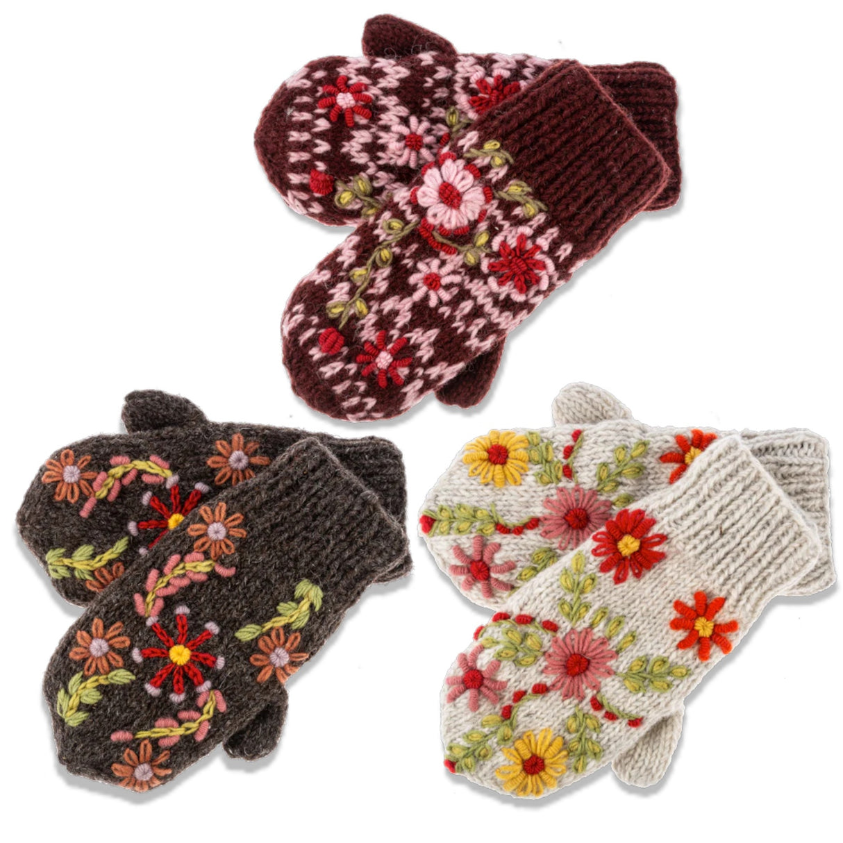 Handmade wool mittens with colorful floral embroidery