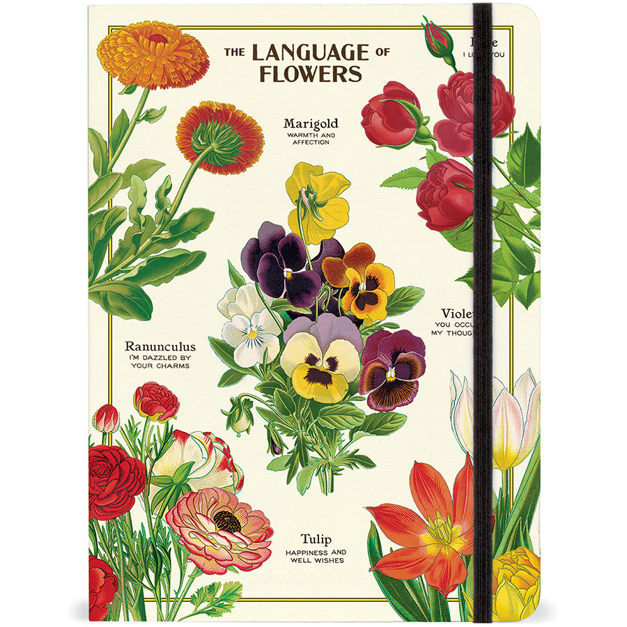 Language of Flowers large notebook with vintage botanical cover and elastic closure, 6x8 inches