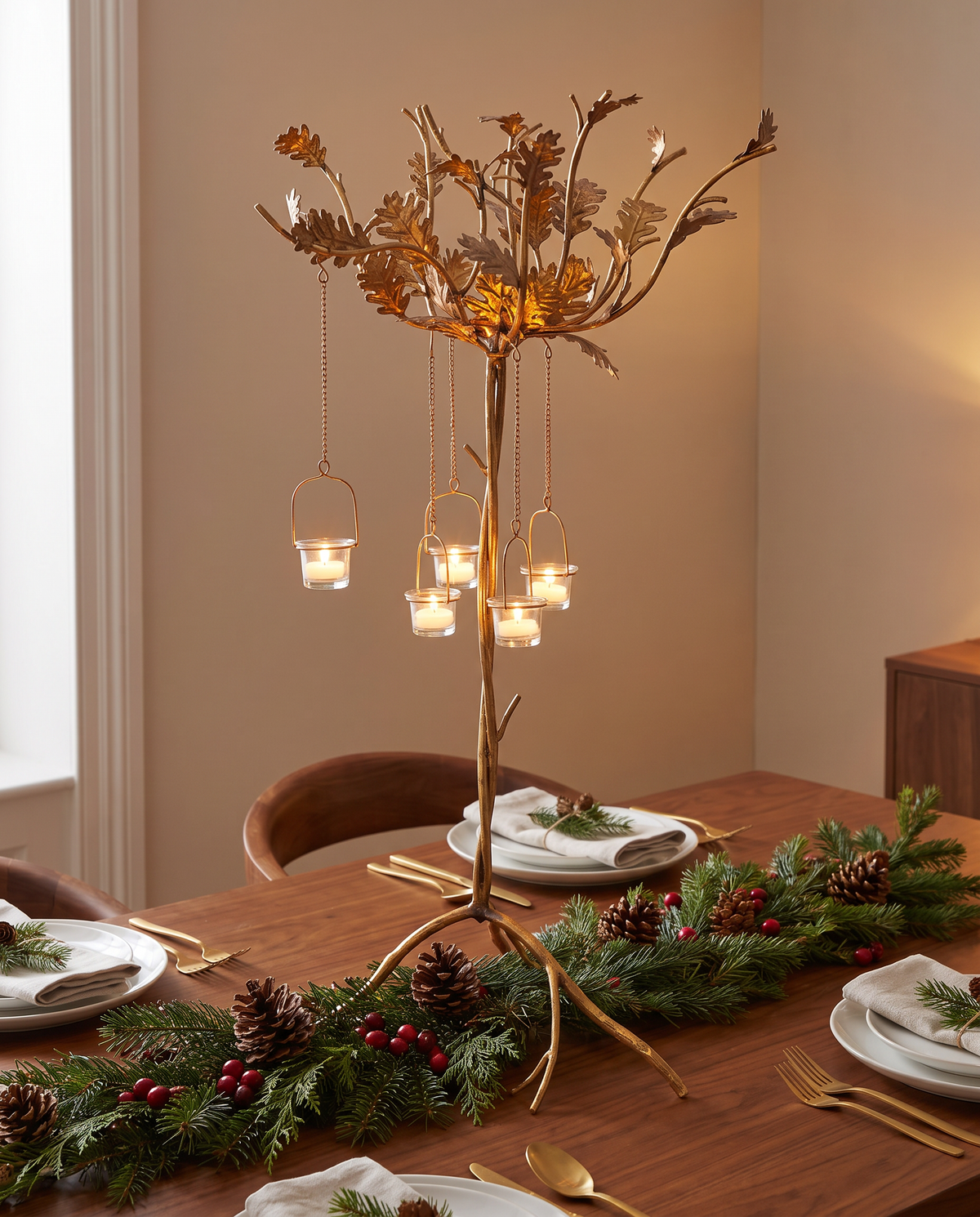 Gold Oak Leaf Candelabra with Hanging Tealight Holders