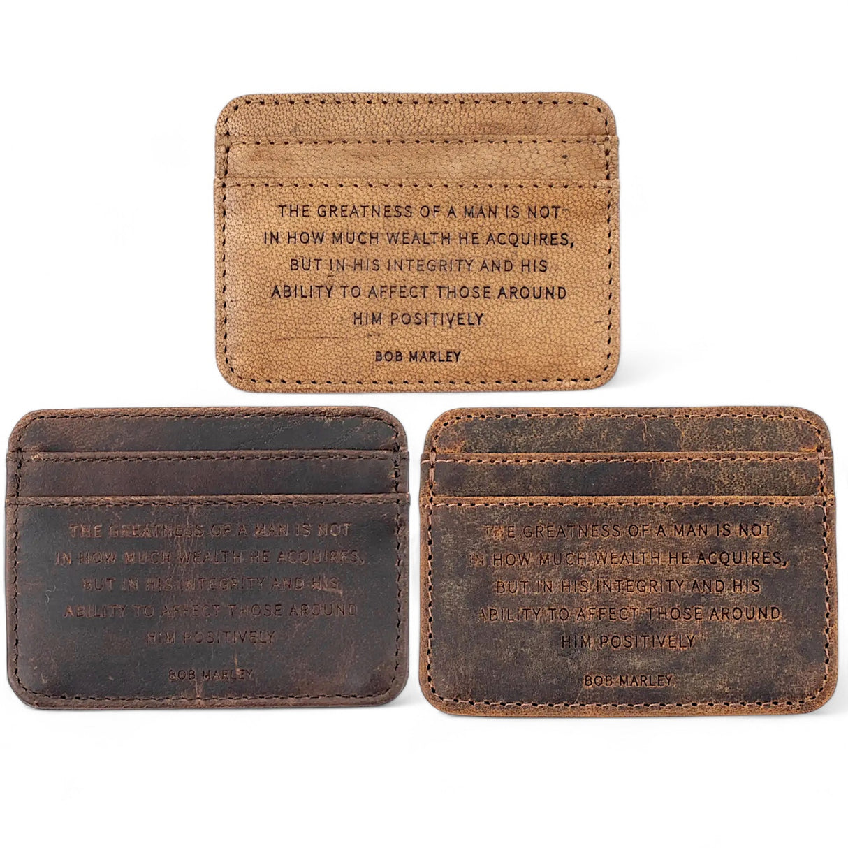 Distressed leather card holder wallet with Bob Marley quote in various colors