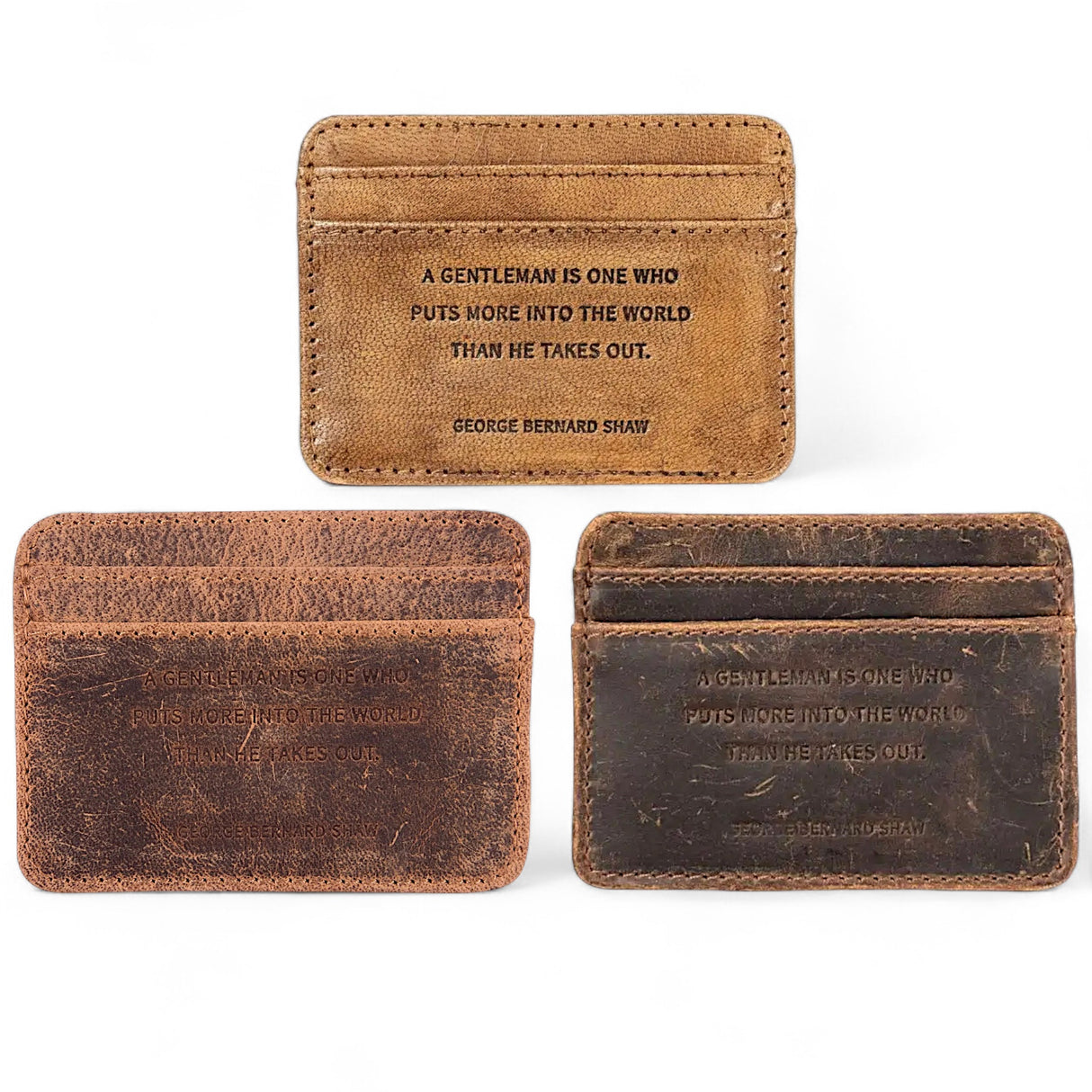 Distressed leather card holder with George Bernard Shaw quote in various colors