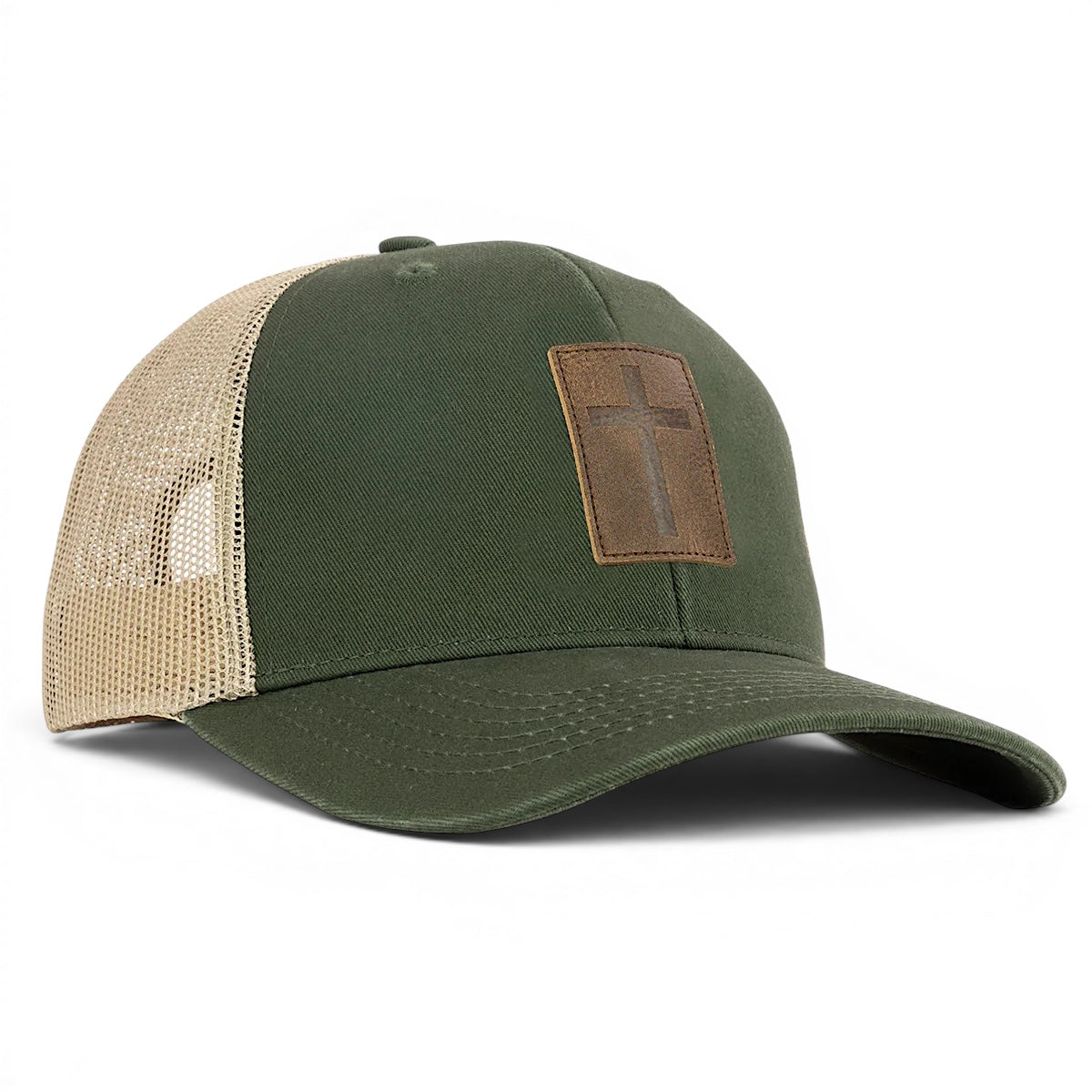 olive tan leather cross trucker hat snapback christian cap for men