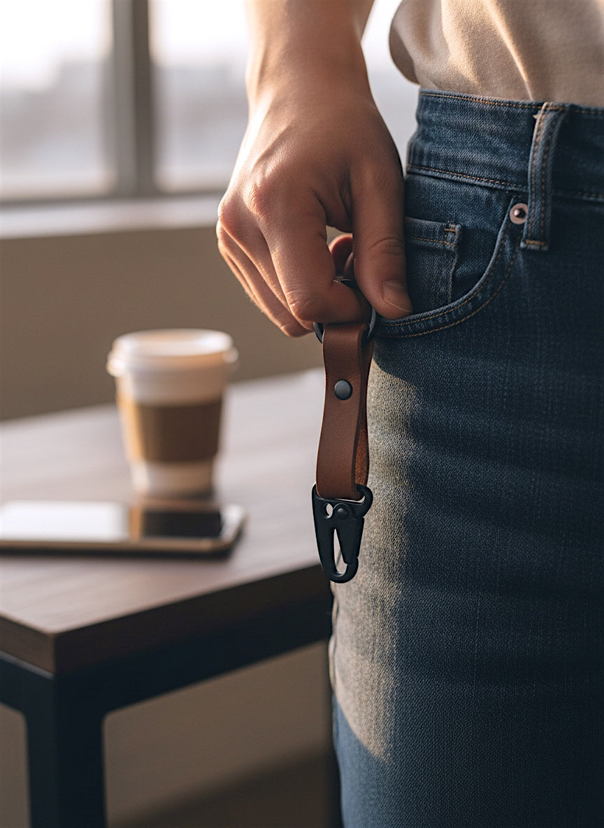 Matte Black Lever Snap Leather Keychain