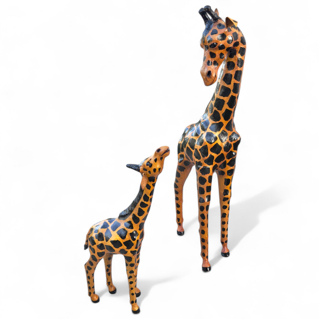 Set of 2 handcrafted leather-wrapped giraffe figurines, mother and baby