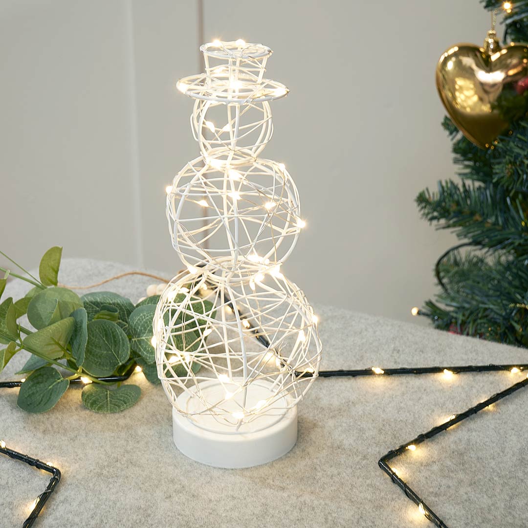 22cm LED wire snowman ornament with warm white lights and timer function