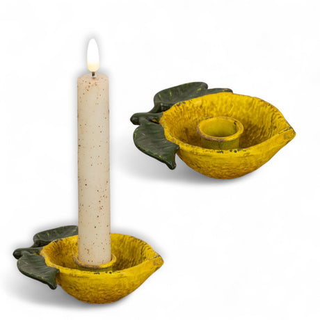 Lemon-shaped ceramic taper candle holder with leaf details, holds 1" taper candle, 4.25 inches wide
