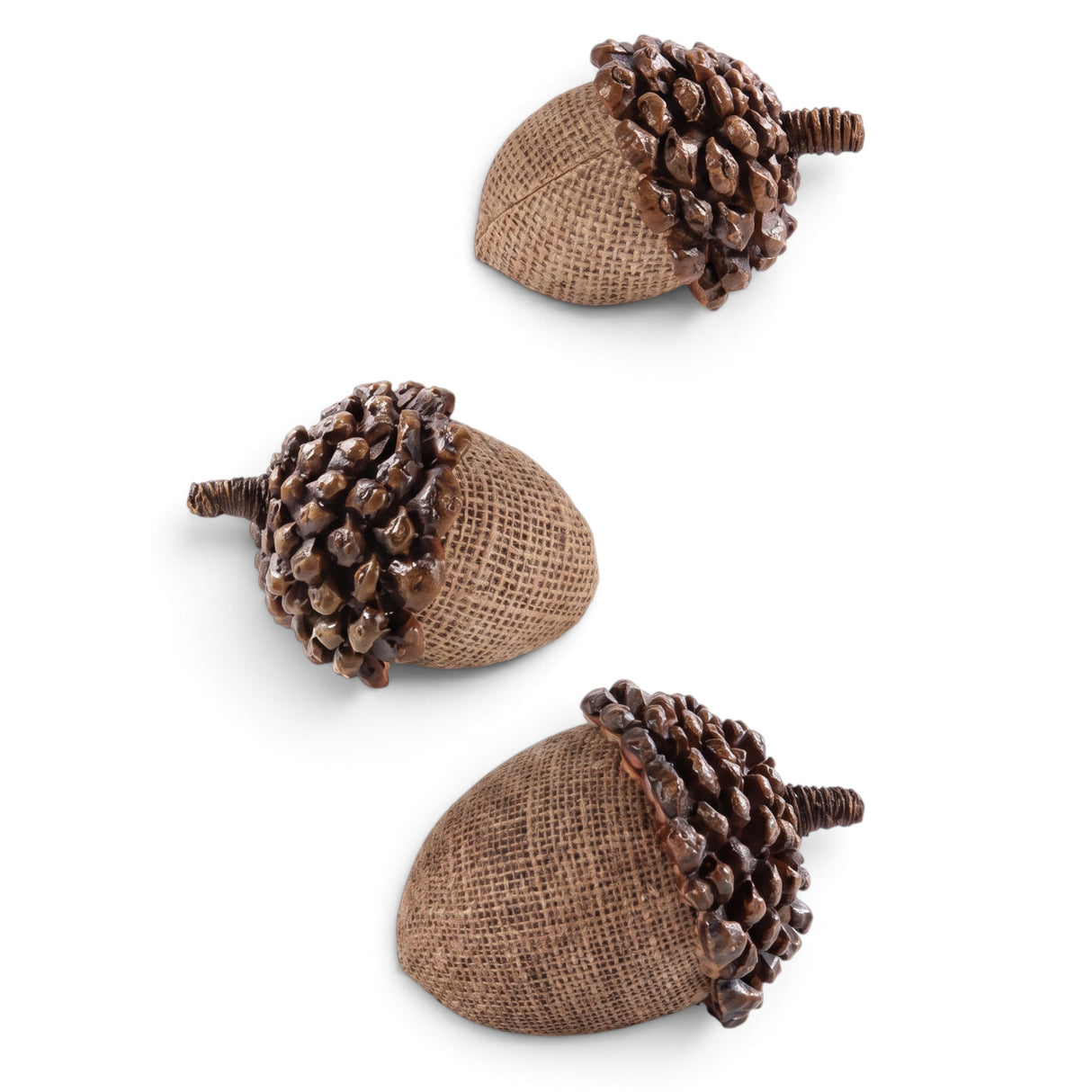 Light brown resin decorative acorns with textured bodies and pinecone tops in three sizes.