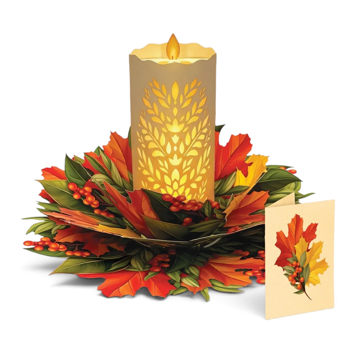 Light-up fall candle pop-up card with rechargeable LED and colorful autumn foliage wreath